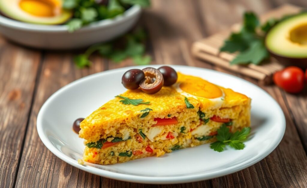 Fatia de Cuscuz Paulista mostrando as camadas coloridas de farinha de milho com legumes e ovos, decorada com salsa e azeitonas