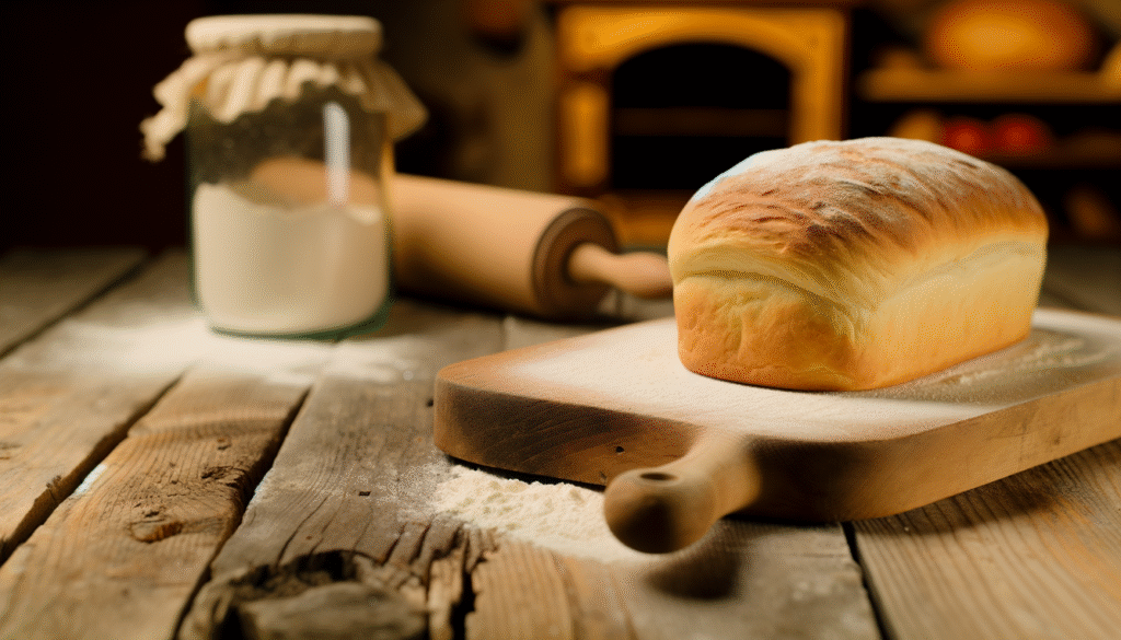 alt_text: A warm cover featuring a fluffy loaf of bread, set in a rustic kitchen, with inviting colors.