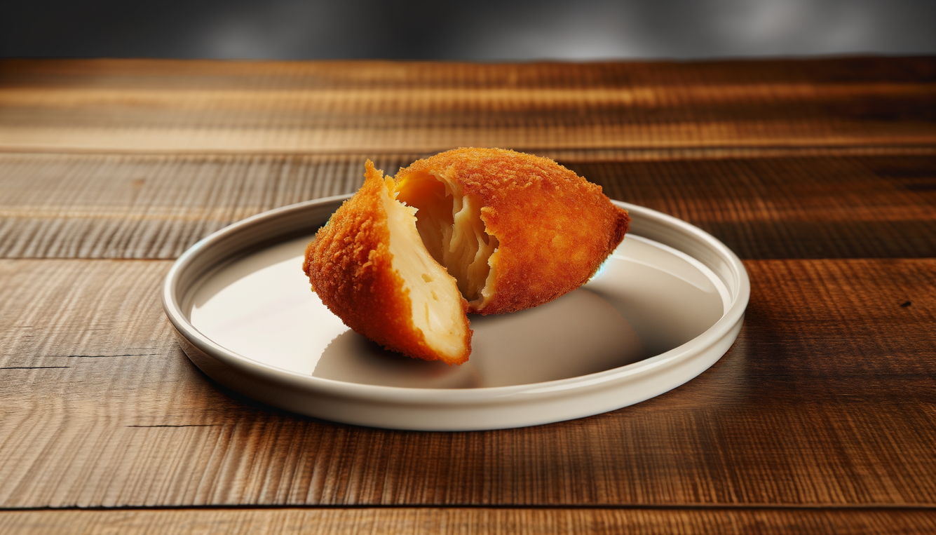 alt_text: A beautifully plated coxinha on a rustic table, showcasing its crispy exterior and fluffy interior.
