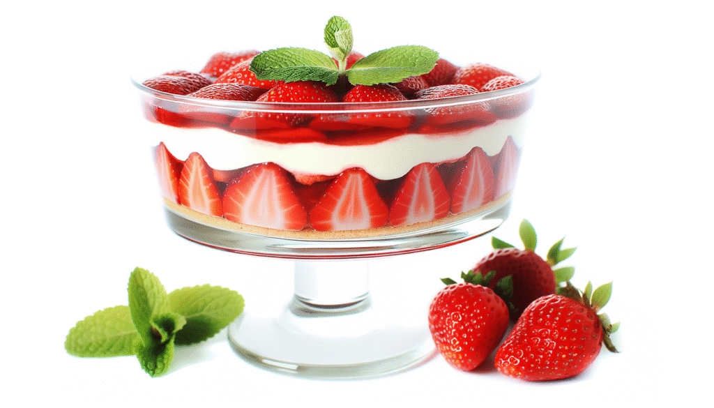 alt_text: "A layered strawberry pavê in a glass dish, surrounded by fresh strawberries and mint leaves."