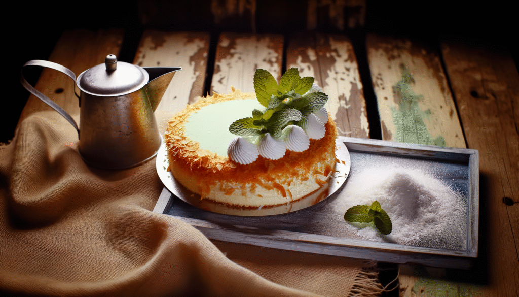 alt_text: A stunning coconut cake with creamy filling, garnished with mint and coconut, set on a rustic table.