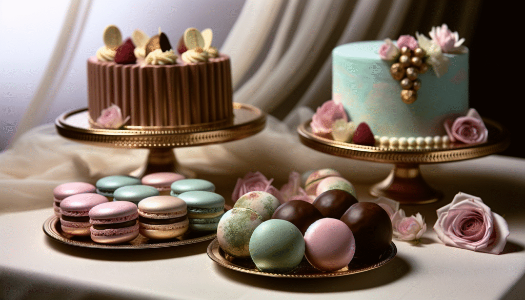 alt_text: An elegant display of gourmet pastries with pastel macarons, truffles, and artistic cakes on a soft backdrop.