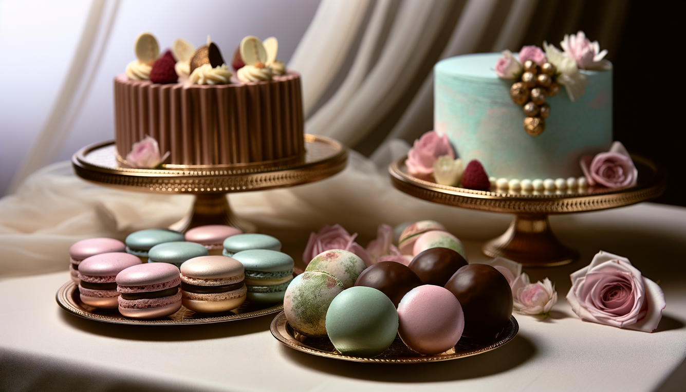 alt_text: An elegant display of gourmet pastries with pastel macarons, truffles, and artistic cakes on a soft backdrop.