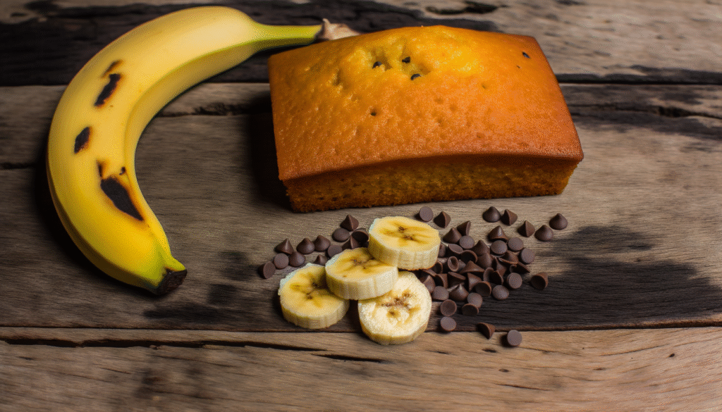 alt_text: A golden-brown banana cake on a rustic table, with fresh banana slices and chocolate chips nearby.