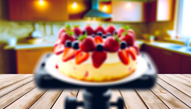 alt_text: A delectable strawberry shortcake with fresh berries, set in a warm kitchen, inviting and cozy.