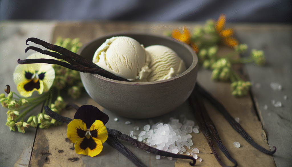 alt_text: Homemade vanilla ice cream in a rustic bowl with vanilla pods, sea salt, and edible flowers.