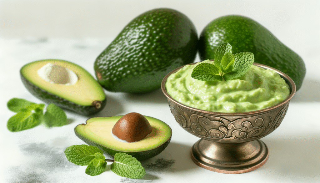 alt_text: A creamy avocado dessert in a stylish bowl, surrounded by fresh avocados and mint, exuding freshness.