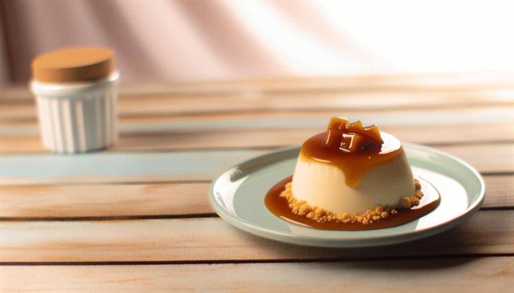 alt_text: A creamy, caramel-topped pudim on a pastel plate, set on a rustic table with soft lighting.