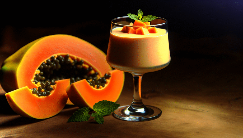 alt_text: Elegant papaya mousse in a glass, surrounded by fresh slices and mint, warmly lit for a inviting vibe.
