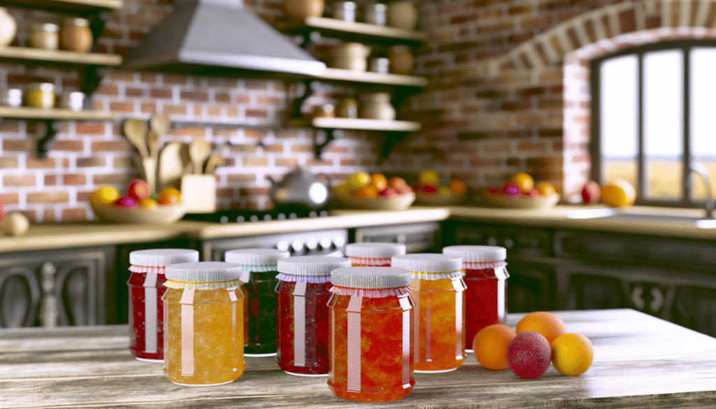 alt_text: A cozy kitchen with jars of colorful homemade marmalade, fresh fruits, and rustic decor.