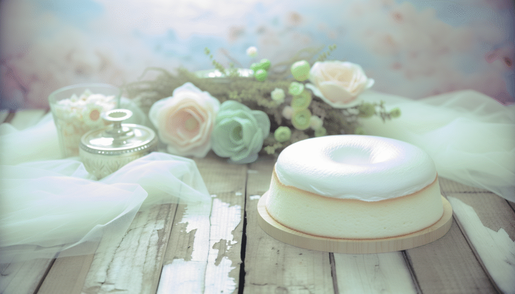 alt_text: A light chiffon cake on a rustic table, surrounded by pastel colors and delicate flowers.