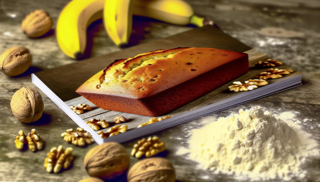 alt_text: A cozy cookbook cover featuring golden banana bread, ripe bananas, walnuts, and flour on a rustic table.