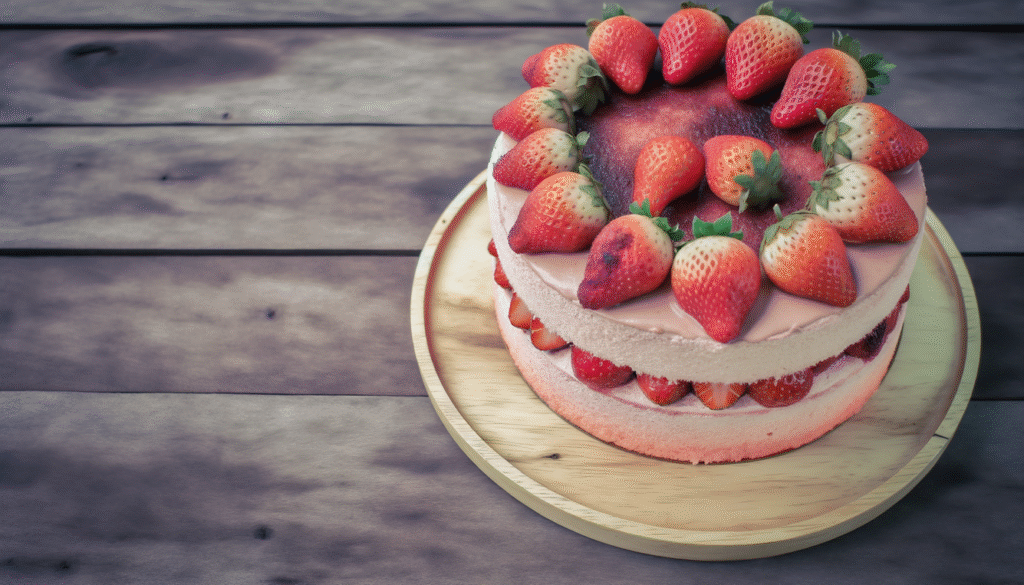 alt_text: A stunning strawberry cake on a rustic table, invitingly presented for a dessert recipe book cover.