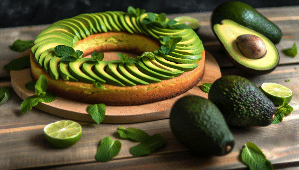 alt_text: A vibrant avocado cake on a rustic table, surrounded by avocados, lime, and mint, with soft lighting.