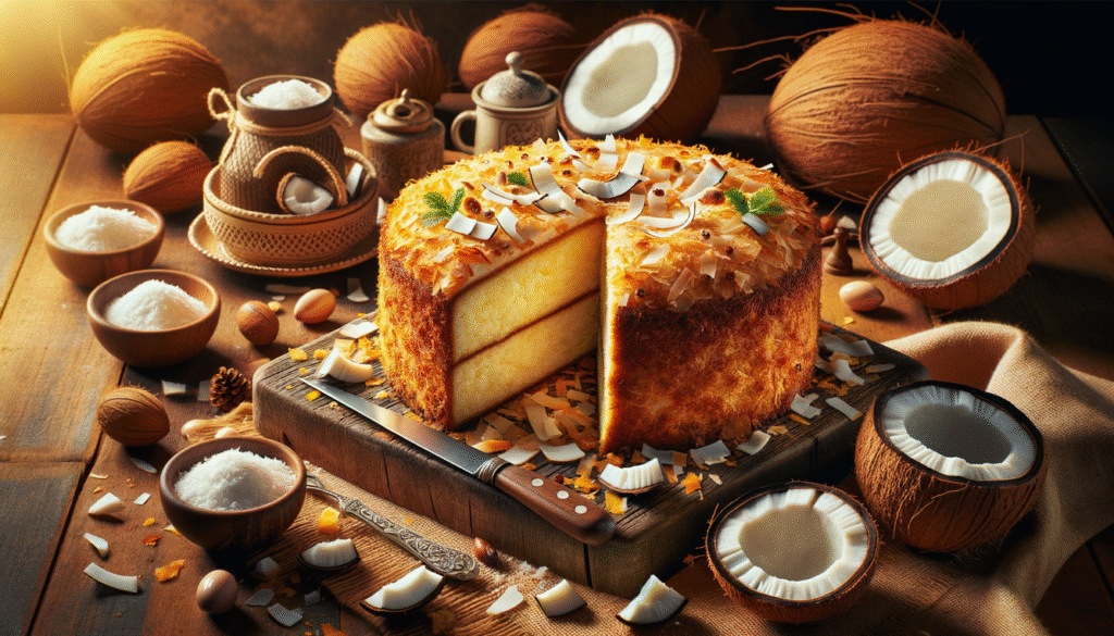 alt_text: A vibrant image of sliced Brazilian coconut cake, surrounded by coconuts and rustic decor, inviting indulgence.