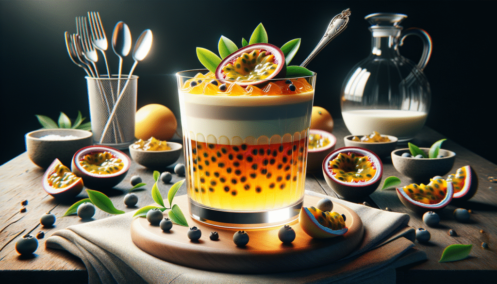 alt_text: Elegant glass layered dessert with passion fruit gelatina and condensed milk, garnished attractively.