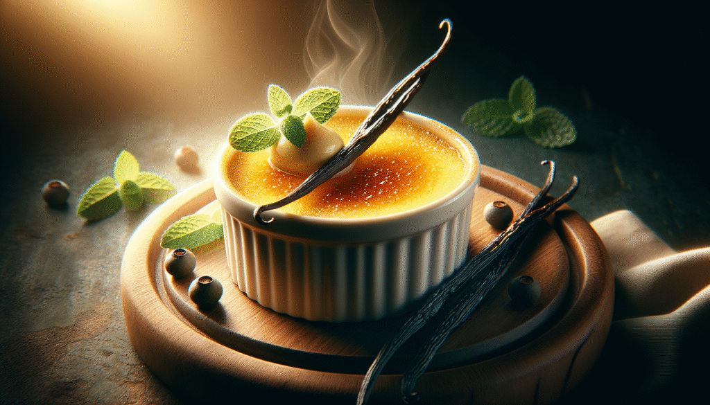 alt_text: Elegant crème brûlée in a ramekin, garnished with vanilla beans and mint, with warm lighting.