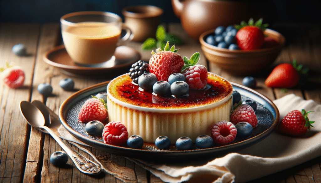 alt_text: Elegant crème brûlée with fresh berries on a rustic table, exuding classic French indulgence.