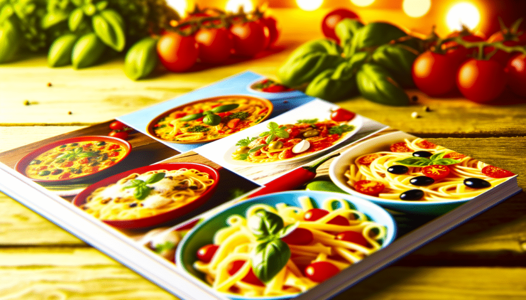 alt_text: A vibrant cookbook cover with diverse pasta dishes, fresh ingredients, and inviting warm lighting.