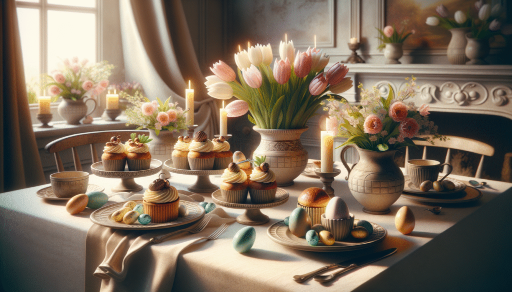 alt_text: Elegant Easter table setting with desserts, spring flowers, and a warm, inviting atmosphere.