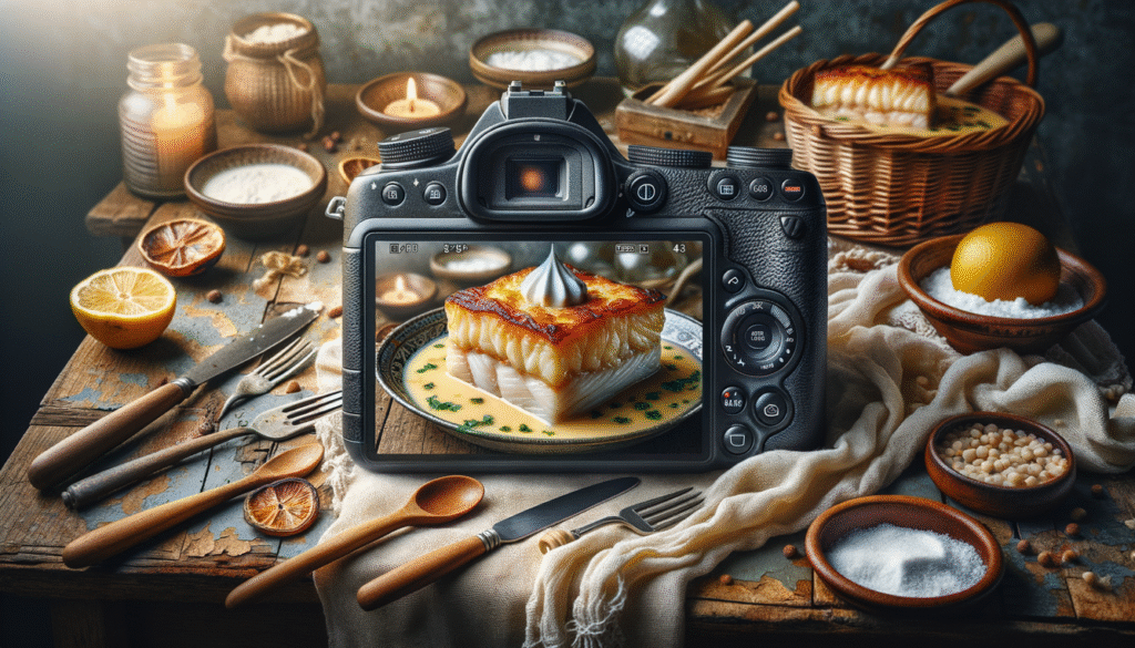 alt_text: A cozy dish of Bacalhau com Natas, layered with cod and béchamel, set on a rustic table.