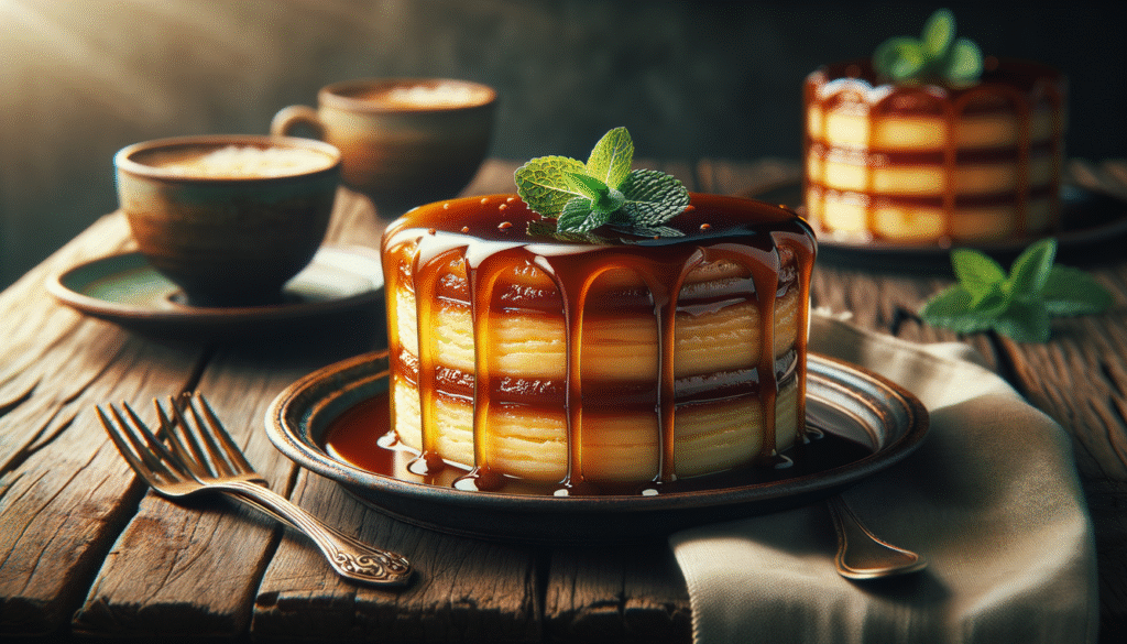 alt_text: A layered Pudim de Duas Massas on a rustic table, garnished with caramel sauce and mint.