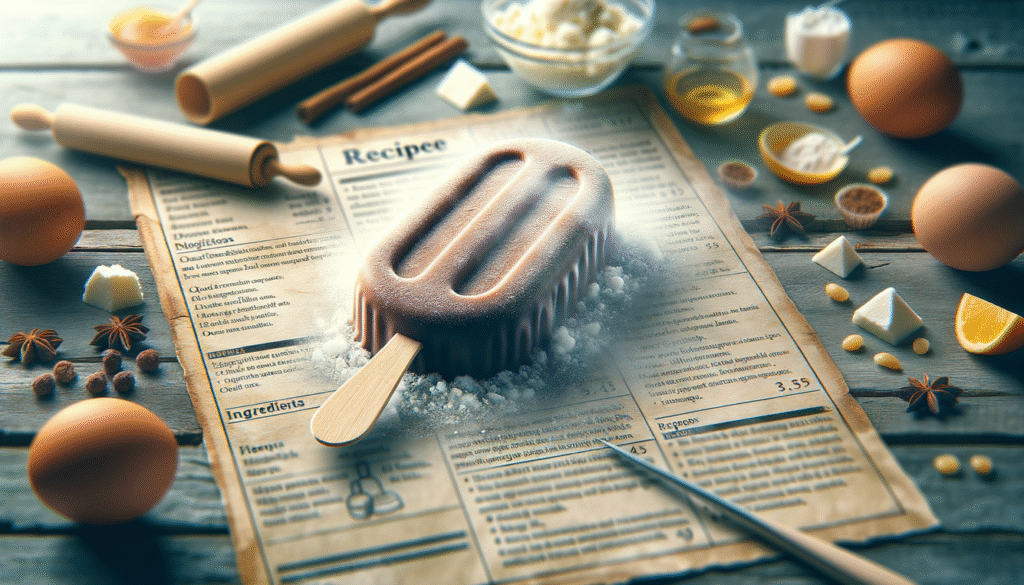 alt_text: A close-up of a homemade Magnum ice cream bar on wood, with recipe title and ingredients blurred behind.