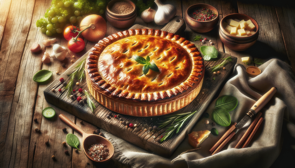 alt_text: A savory pie on a rustic wooden background, surrounded by fresh ingredients and inviting title.