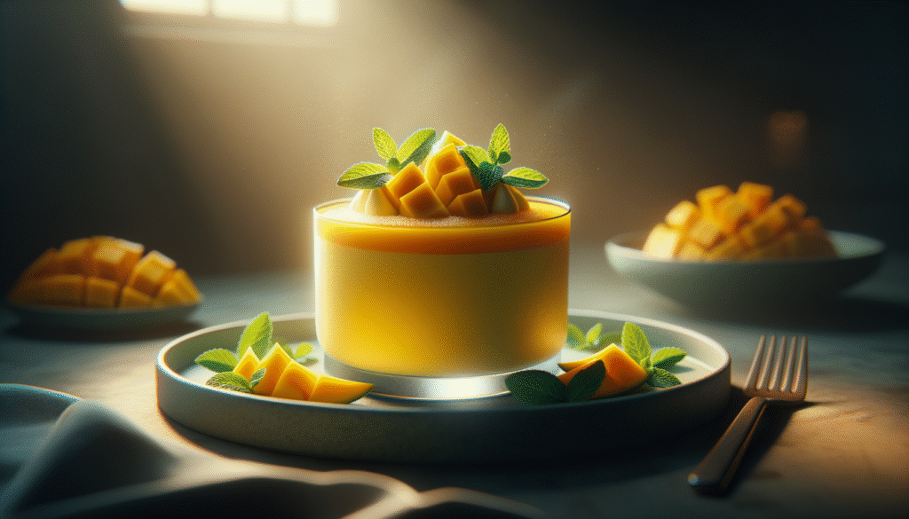 alt_text: A vibrant mango mousse dessert elegantly plated, garnished with mint and fresh mango, in a cozy kitchen.