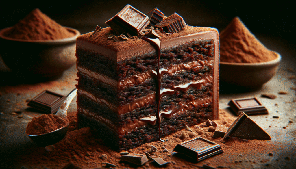 alt_text: A rich chocolate cake slice showcasing gooey filling, surrounded by cocoa powder and shavings.
