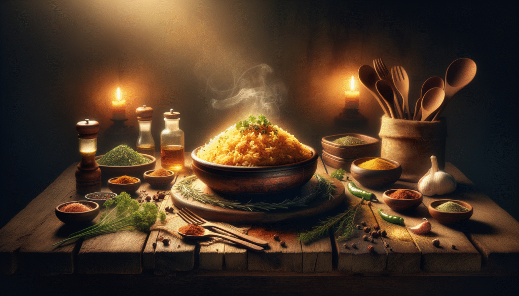 **alt_text:** A rustic table showcases Arroz Queimado, fresh herbs, spices, and warm lighting for a cozy cookbook.