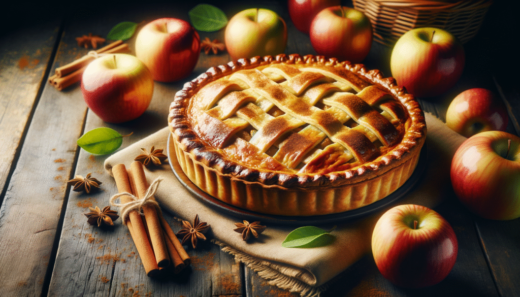 alt_text: A golden apple pie on a rustic table, surrounded by apples and cinnamon, evoking warmth and deliciousness.