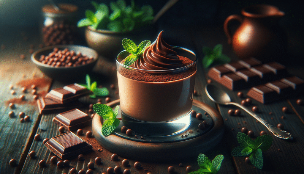 alt_text: "Delicious Nescau mousse in a glass, surrounded by chocolate bars and mint, warmly inviting."