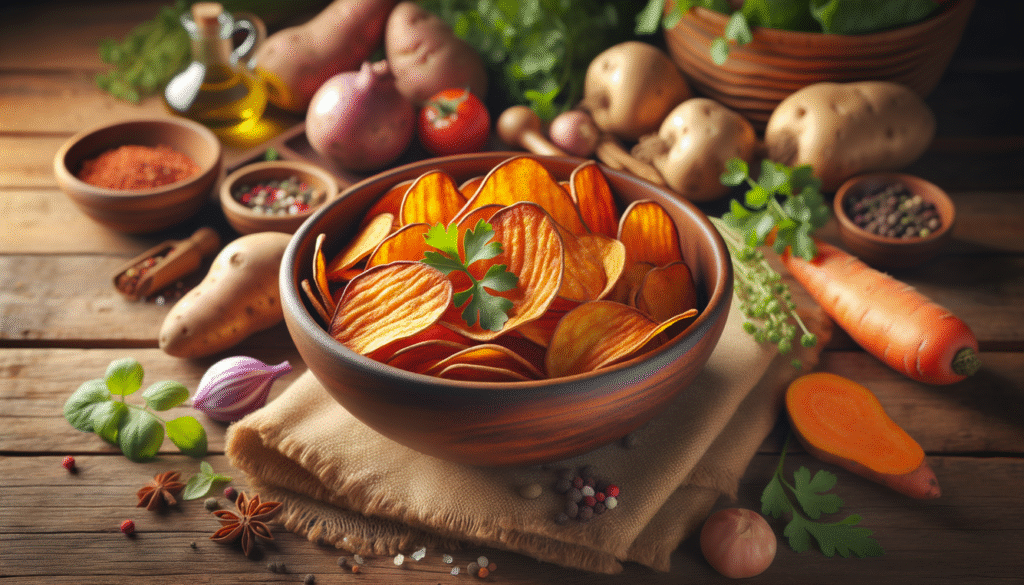 alt_text: Golden-brown sweet potato chips in a rustic bowl, surrounded by fresh ingredients and herbs.