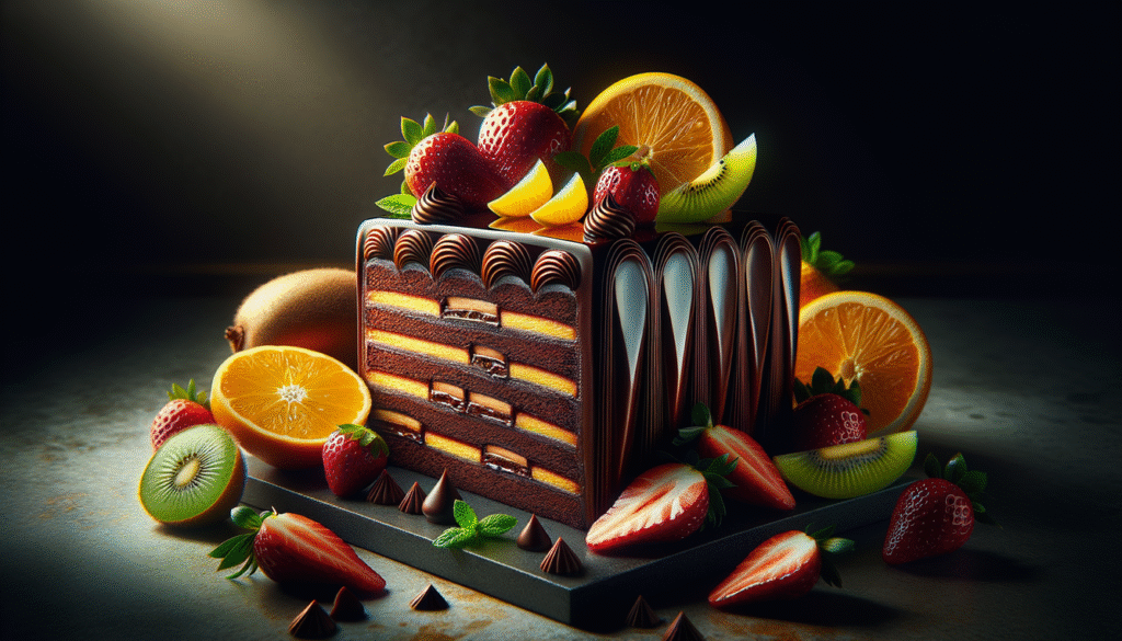 alt_text: A luxurious Monte Cristo cake slice, elegantly layered with chocolate ganache and fresh fruits.