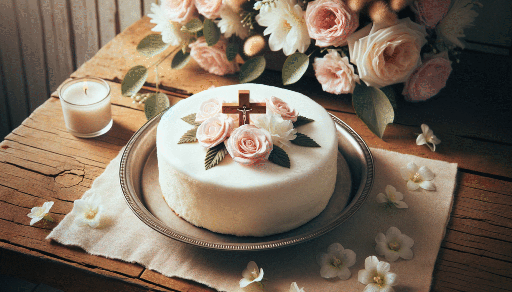 alt_text: A simple baptism cake on a rustic table, surrounded by pastel flowers, exuding purity and celebration.