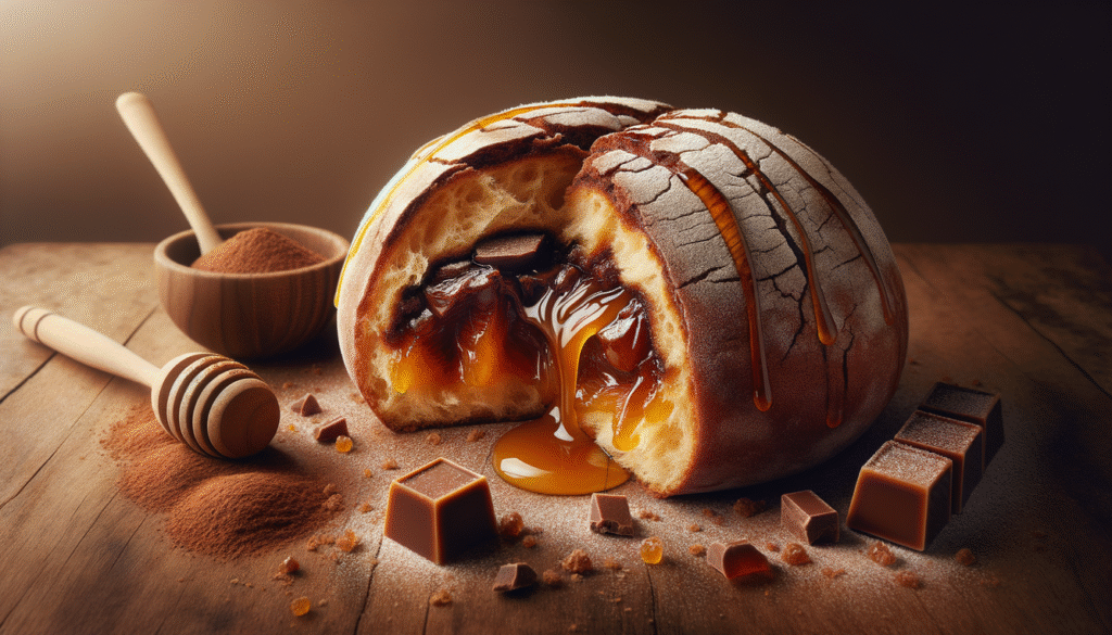 alt_text: A mouthwatering Pão de Mel, sliced to reveal caramel filling, surrounded by honey and cocoa.