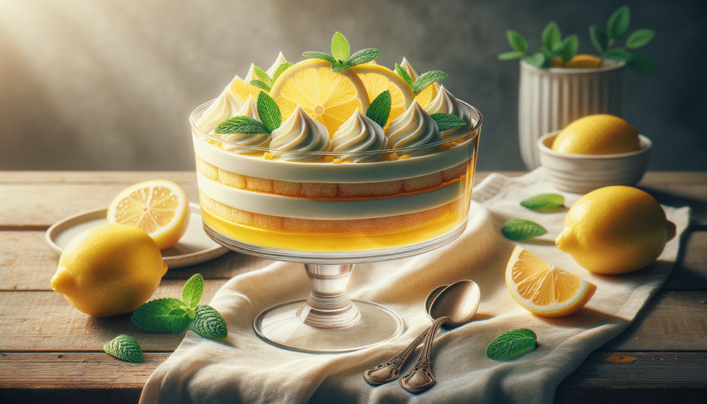 alt_text: Layered lemon dessert in a glass dish, garnished with lemon slices and mint, inviting and fresh.