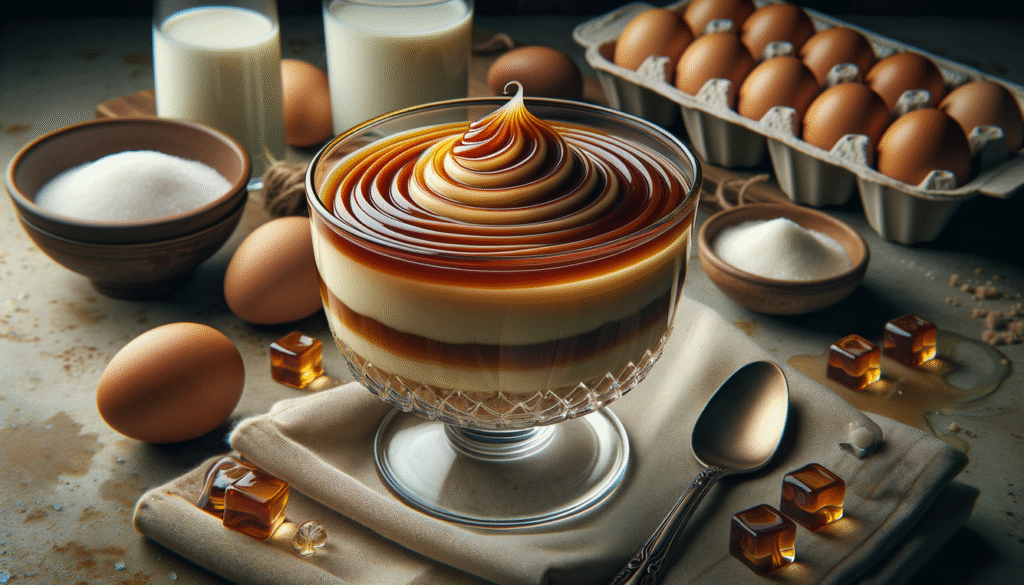 alt_text: "Decadent two-layer pudding in a glass dish, topped with caramel, surrounded by fresh ingredients."