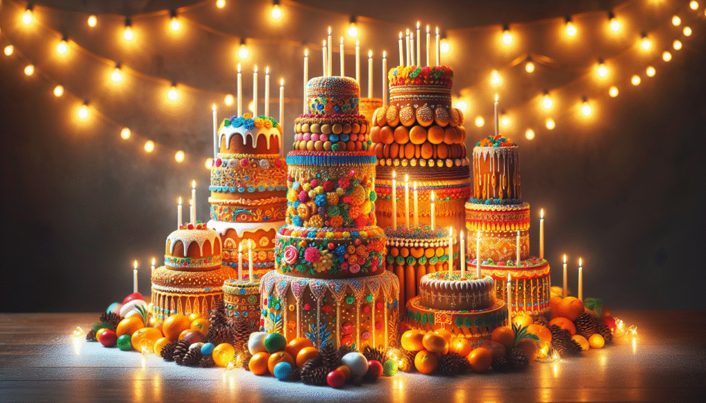 alt_text: A festive table of colorful June festival cakes, adorned with vibrant decorations and warm lights.