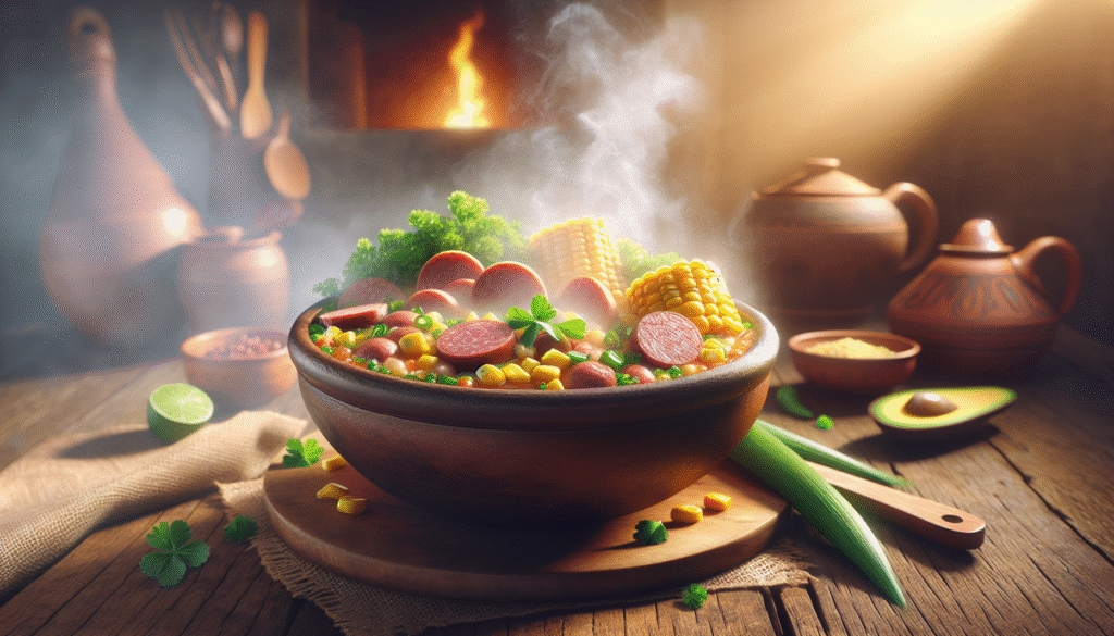 alt_text: A steaming bowl of canjiquinha with fresh ingredients, set in a cozy, rustic kitchen.