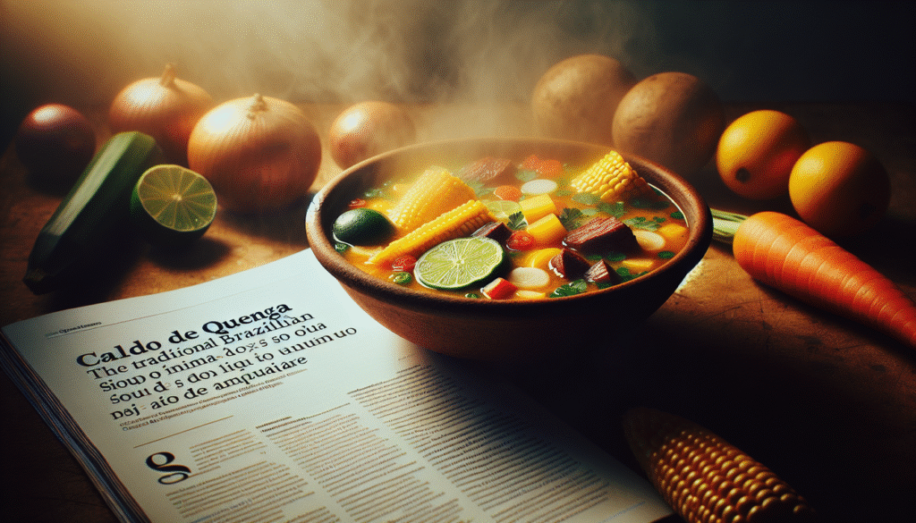 alt_text: "A steaming bowl of caldo de quenga with fresh ingredients, warm lighting, and the title elegantly displayed."