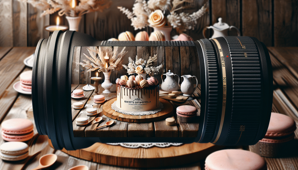 alt_text: Elegant dessert cover for 'Receita DOCE DONZELA', featuring a cake and macaroons on a rustic table.