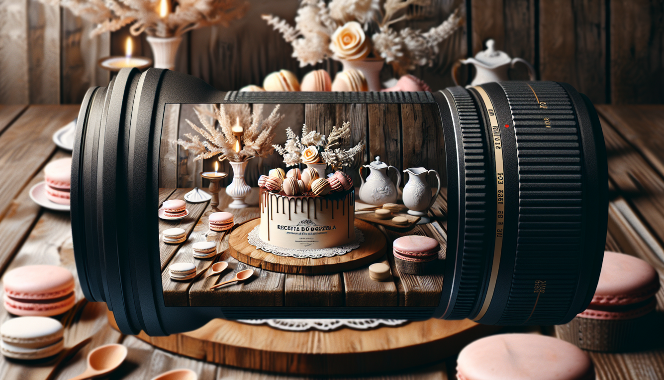 alt_text: Elegant dessert cover for 'Receita DOCE DONZELA', featuring a cake and macaroons on a rustic table.