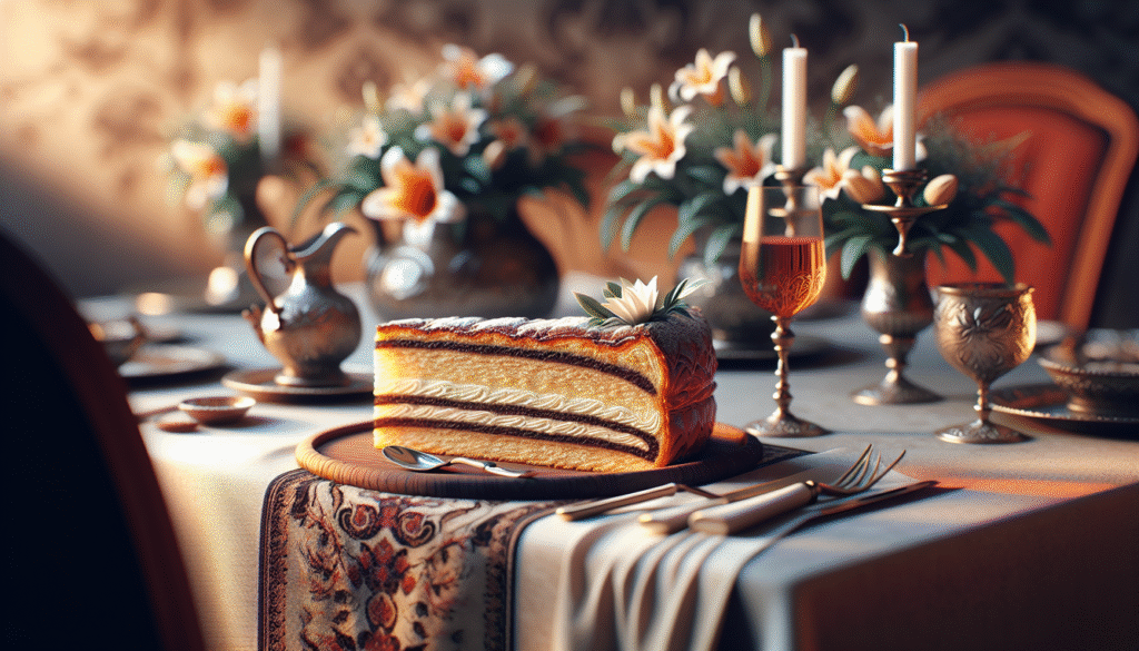 alt_text: A beautifully styled slice of Hungarian cake with rich layers, elegant table setting, warm ambiance.