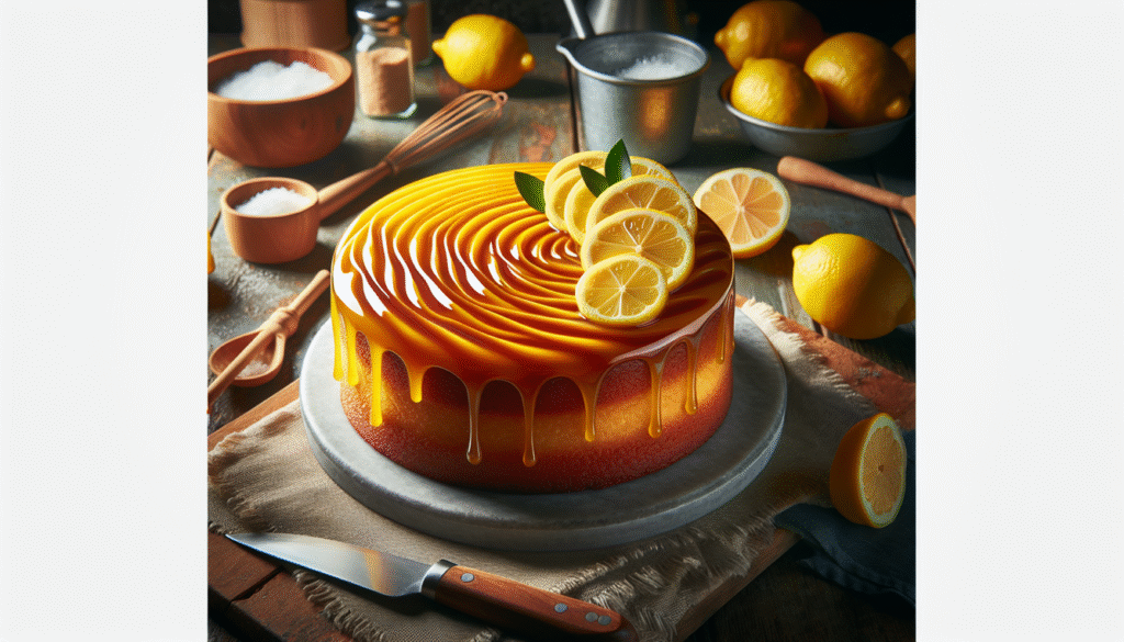 alt_text: Vibrant lemon cake with a glossy glaze, fresh lemons, and baking tools on a rustic countertop.