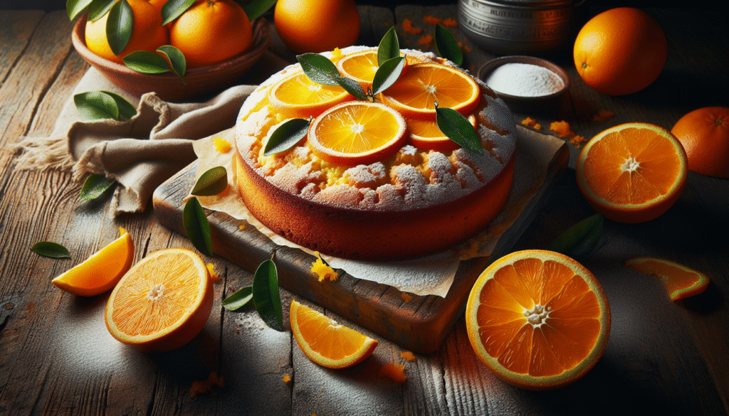 alt_text: A rustic recipe book cover featuring a vibrant orange cake with fresh oranges and green leaves.
