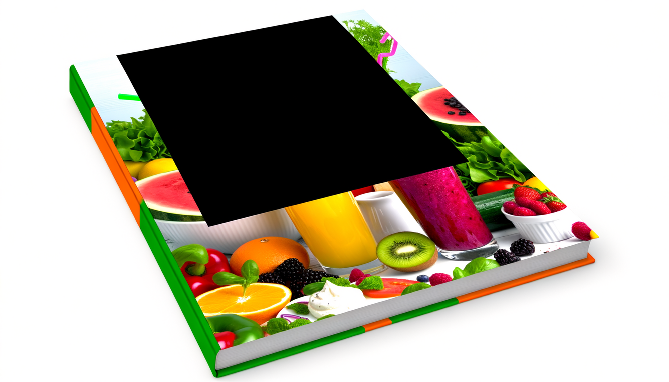 alt_text: A vibrant cookbook cover featuring healthy, colorful dishes and refreshing drinks, exuding vitality.