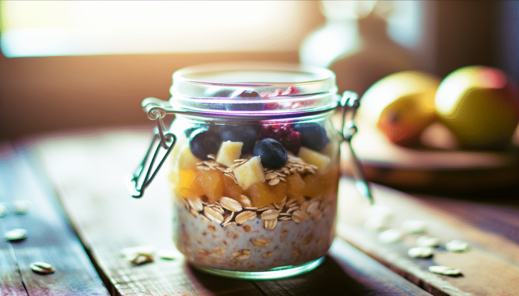 alt_text: A cozy recipe book cover featuring a jar of layered overnight oats with fruits and honey.