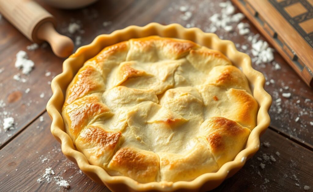 Massa para torta de frango assada, dourada e crocante em forma redonda, mostrando textura caseira perfeita para recheios suculentos